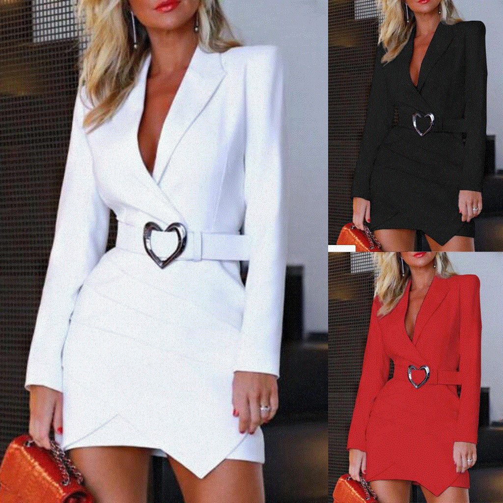 2021 High quality Fashion Women Blazer Dress Solid White Turn Down Neck Long Sleeve Slim Overlap Hem Brief Elegant Office Women Workwear Dress #40