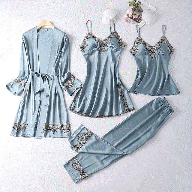 2021 High quality New 4 Pieces Women Pajamas Sets Faux Silk Pajamas Sleepwear Sets Elegant Sexy Lace Fashion Spring Autumn Homewear