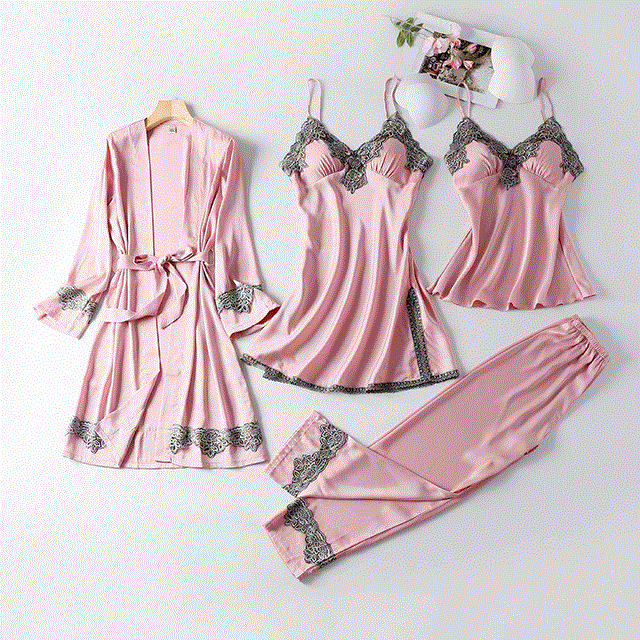 2021 High quality New 4 Pieces Women Pajamas Sets Faux Silk Pajamas Sleepwear Sets Elegant Sexy Lace Fashion Spring Autumn Homewear