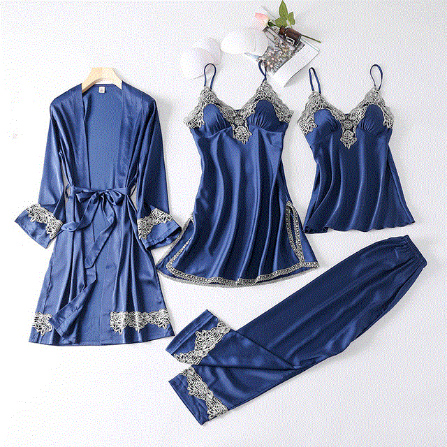 2021 High quality New 4 Pieces Women Pajamas Sets Faux Silk Pajamas Sleepwear Sets Elegant Sexy Lace Fashion Spring Autumn Homewear