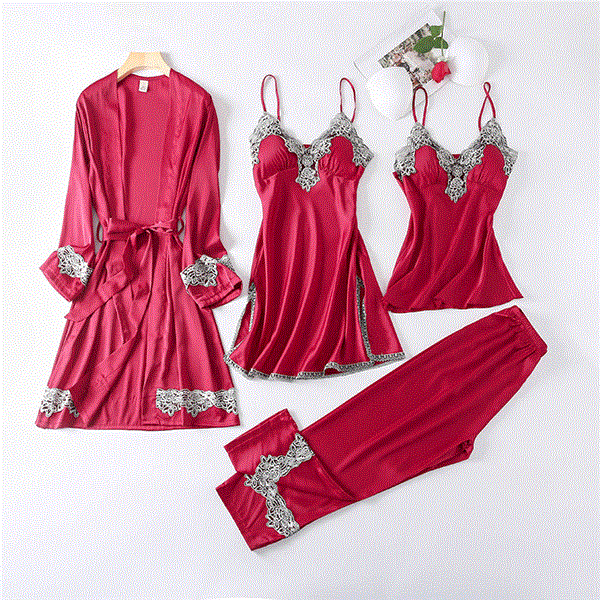 2021 High quality New 4 Pieces Women Pajamas Sets Faux Silk Pajamas Sleepwear Sets Elegant Sexy Lace Fashion Spring Autumn Homewear