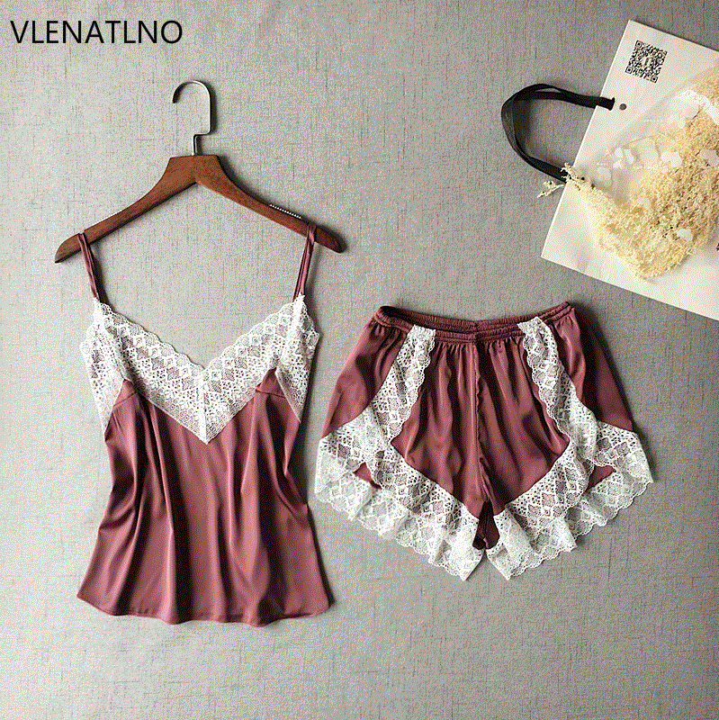 2021 High quality Women's Sleepwear Sexy Satin Pajama Set White Lace V-Neck Pyjamas Sleeveless Cute Cami Top and Shorts