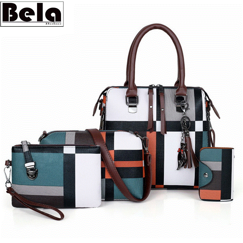 2021 High quality Plaid Pattern Handbags 4 Sets Women Leather Purse and Handbag Female Tassel Shoulder Bag Women Cross body Bag