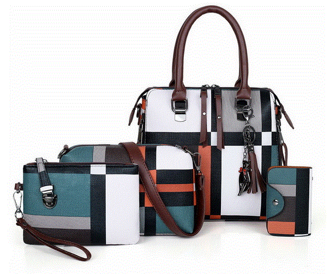 2021 High quality Plaid Pattern Handbags 4 Sets Women Leather Purse and Handbag Female Tassel Shoulder Bag Women Cross body Bag