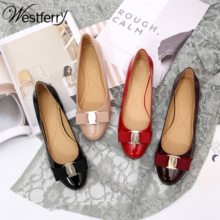 2021 High quality Ballet flat shoes leather round head shallow bow versatile single shoes women's leather bow womens