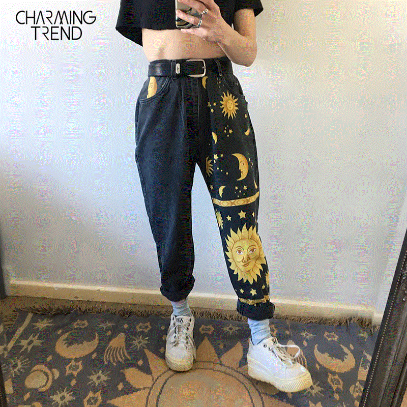 2021 High quality Fashion Sun Star Printed Pants Jeans Women Autumn Black High Waist Young Girls Chic Denim Trousers Woman Cool Boyfriends Jeans