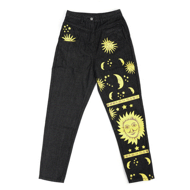 2021 High quality Fashion Sun Star Printed Pants Jeans Women Autumn Black High Waist Young Girls Chic Denim Trousers Woman Cool Boyfriends Jeans
