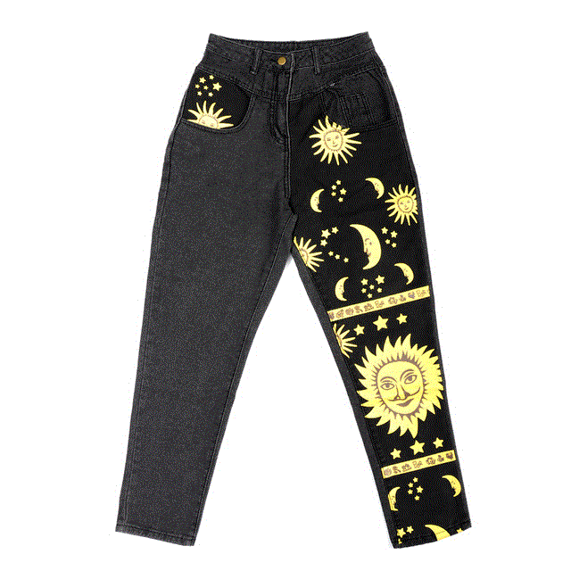 2021 High quality Fashion Sun Star Printed Pants Jeans Women Autumn Black High Waist Young Girls Chic Denim Trousers Woman Cool Boyfriends Jeans