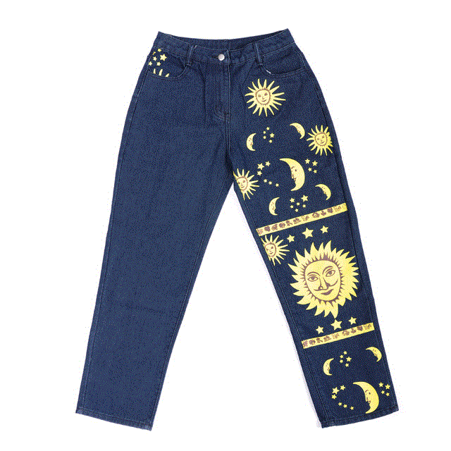 2021 High quality Fashion Sun Star Printed Pants Jeans Women Autumn Black High Waist Young Girls Chic Denim Trousers Woman Cool Boyfriends Jeans