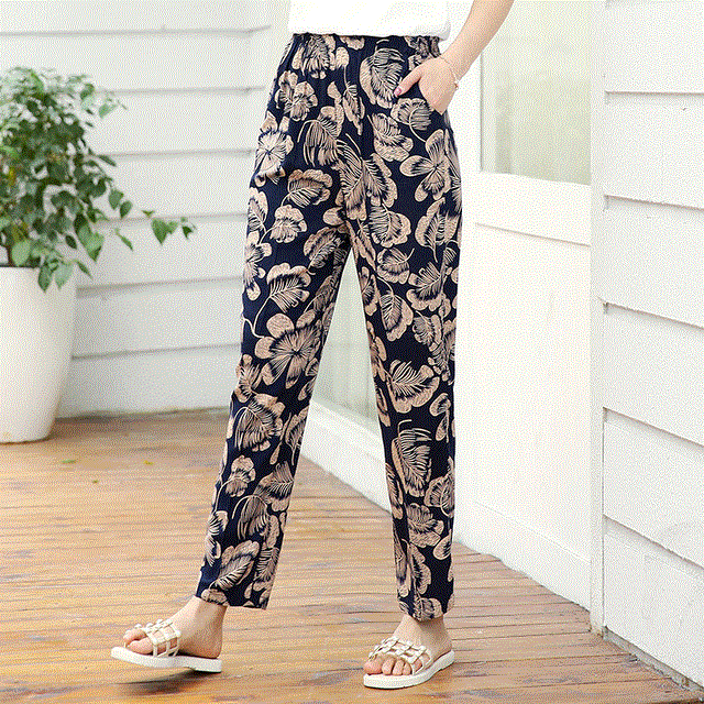 2021 High quality 22 Colors Women Summer Casual Pencil Pants XL-5XL Plus Size High Waist Pants Printed Elastic Waist Middle Aged Women Pants