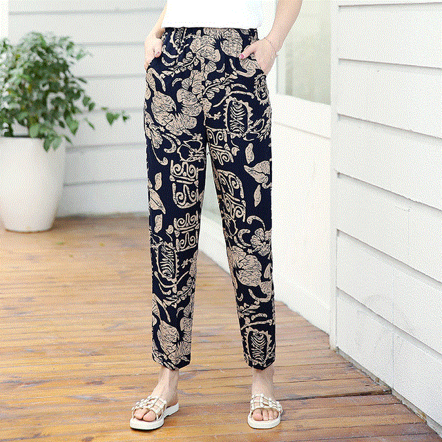 2021 High quality 22 Colors Women Summer Casual Pencil Pants XL-5XL Plus Size High Waist Pants Printed Elastic Waist Middle Aged Women Pants