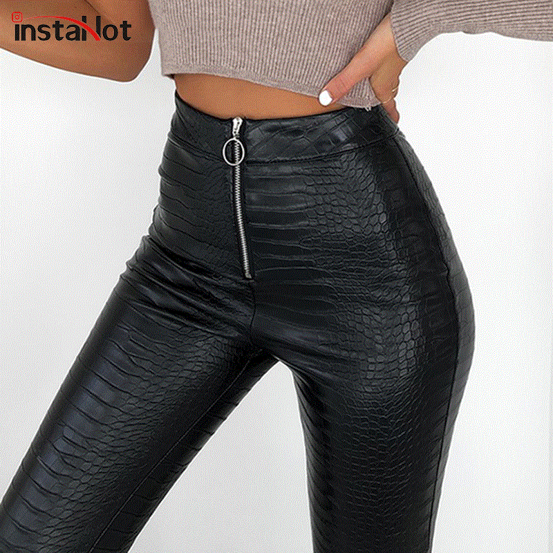 2021 High quality Elegant High Waist Faux Leather Pants Women Pencil Skinny Pants Office Ladies Trousers Casual Slim Black Capris