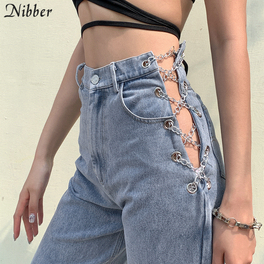 2021 High quality Nibber harajuku high waist hollow out Chain design Slim jeans woman leisure streetwear Commute high quality strgight pants mujer