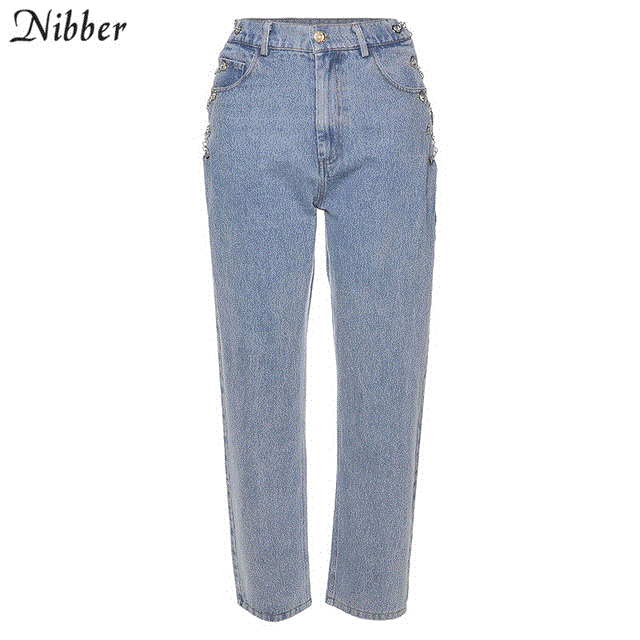 2021 High quality Nibber harajuku high waist hollow out Chain design Slim jeans woman leisure streetwear Commute high quality strgight pants mujer