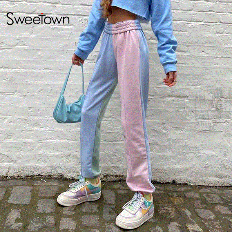 2021 High quality Sweetown Contrast Color Baggy Women Jogger Sweatpants Casual Pink Blue Patchwork High Waist Trousers Female Hip Hop Streetwear