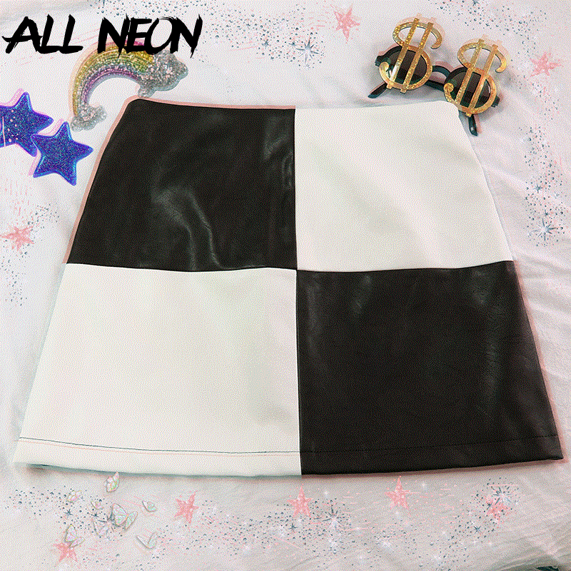2021 High quality Vintage PU Leather Mini Skirts Plaid Patchwork Black White A-line Skirt Fashion Summer Streetwear