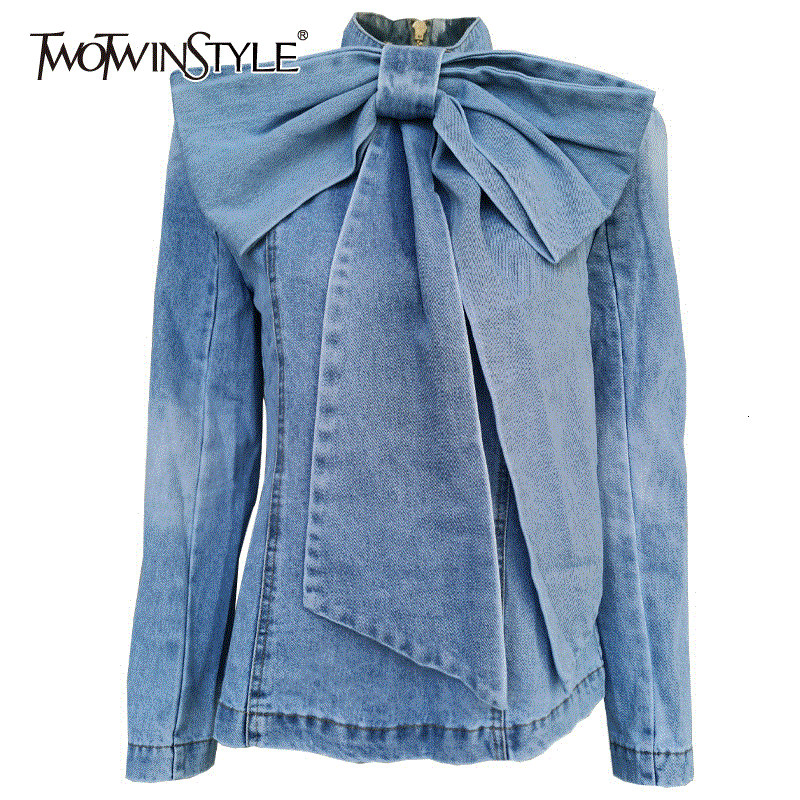 2021 High quality Patchwork Bow Denim Women Jacket Stand Collar Long Sleeve Vintage Ruched For Female Fashion Clothing