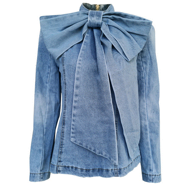 2021 High quality Patchwork Bow Denim Women Jacket Stand Collar Long Sleeve Vintage Ruched For Female Fashion Clothing