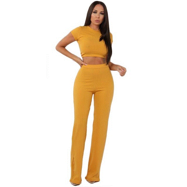 2021 High quality Women knitted long sleeve o-neck crop top wide leg pants 2 piece set for female women suits