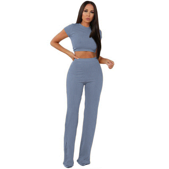 2021 High quality Women knitted long sleeve o-neck crop top wide leg pants 2 piece set for female women suits