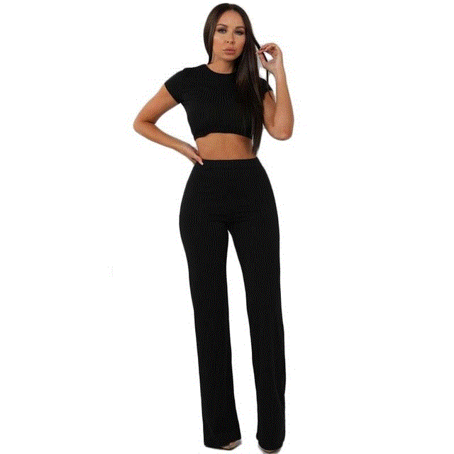 2021 High quality Women knitted long sleeve o-neck crop top wide leg pants 2 piece set for female women suits