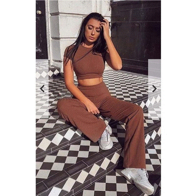 2021 High quality Women knitted long sleeve o-neck crop top wide leg pants 2 piece set for female women suits