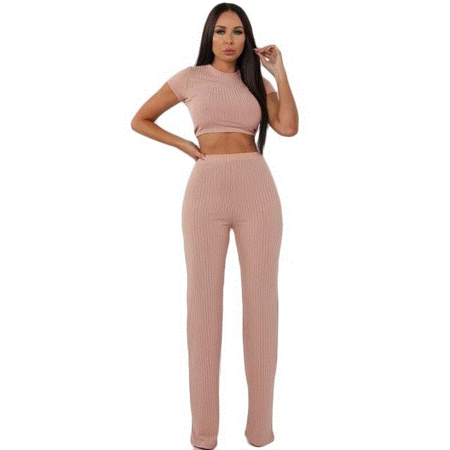2021 High quality Women knitted long sleeve o-neck crop top wide leg pants 2 piece set for female women suits