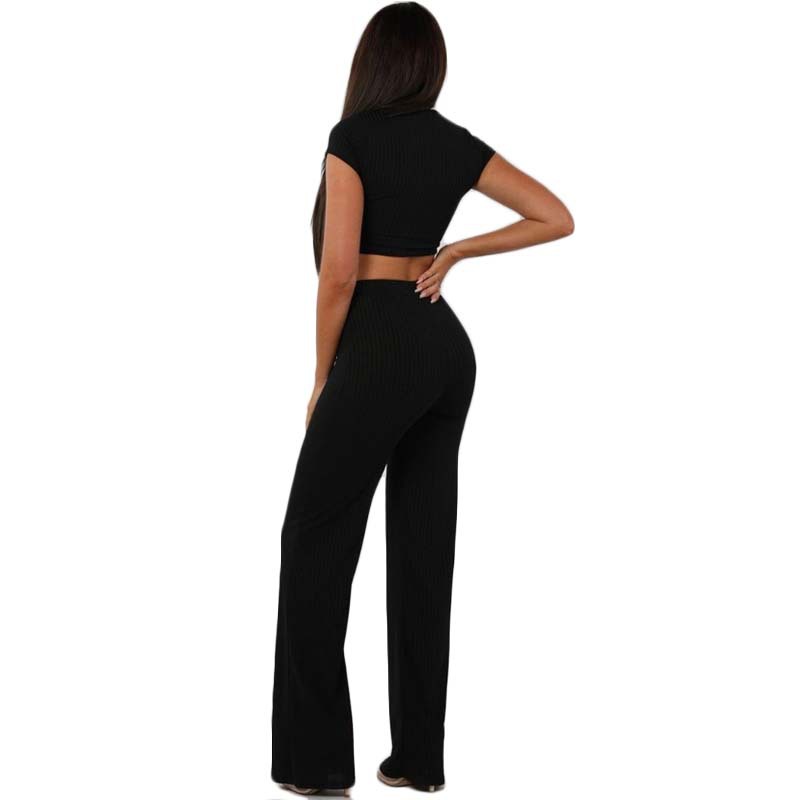 2021 High quality Women knitted long sleeve o-neck crop top wide leg pants 2 piece set for female women suits