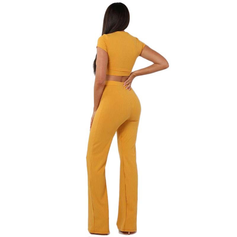 2021 High quality Women knitted long sleeve o-neck crop top wide leg pants 2 piece set for female women suits