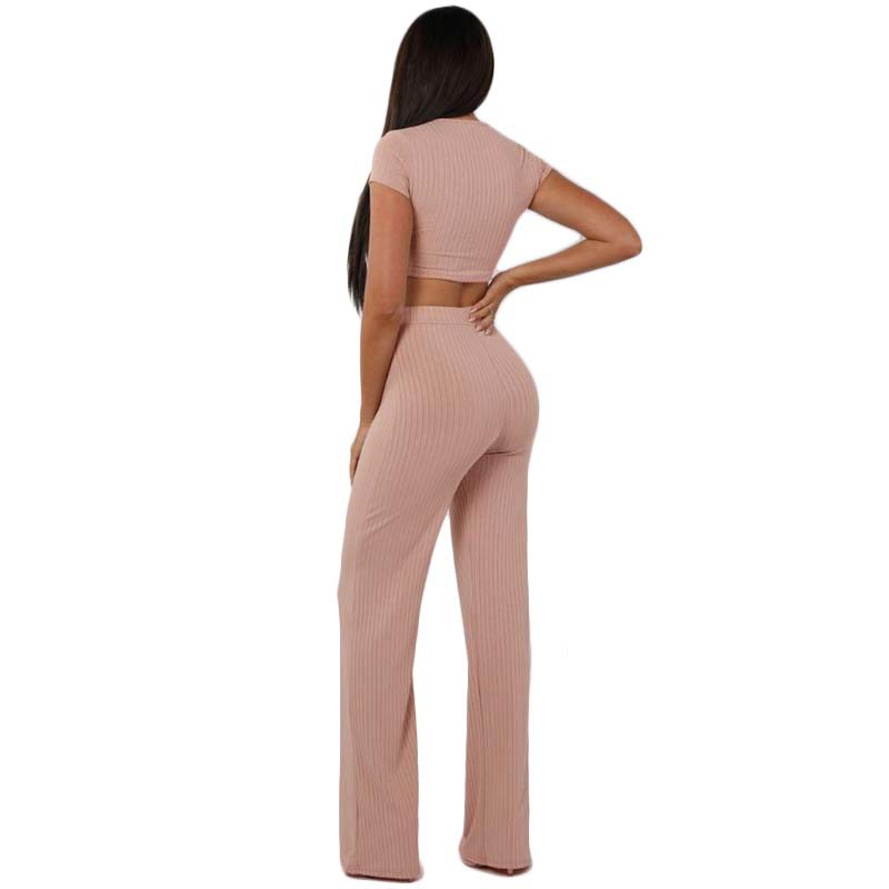 2021 High quality Women knitted long sleeve o-neck crop top wide leg pants 2 piece set for female women suits