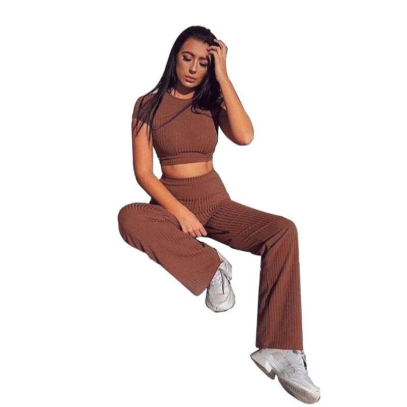 2021 High quality Women knitted long sleeve o-neck crop top wide leg pants 2 piece set for female women suits