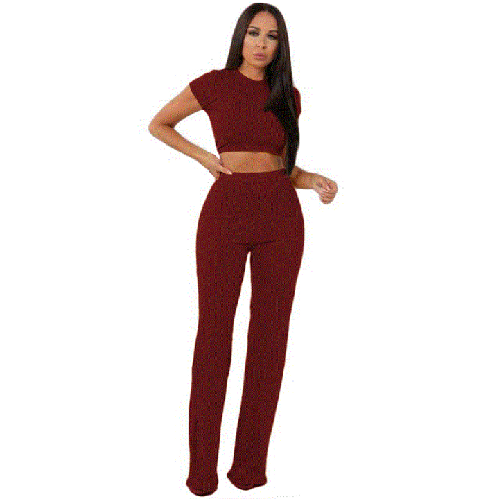 2021 High quality Women knitted long sleeve o-neck crop top wide leg pants 2 piece set for female women suits