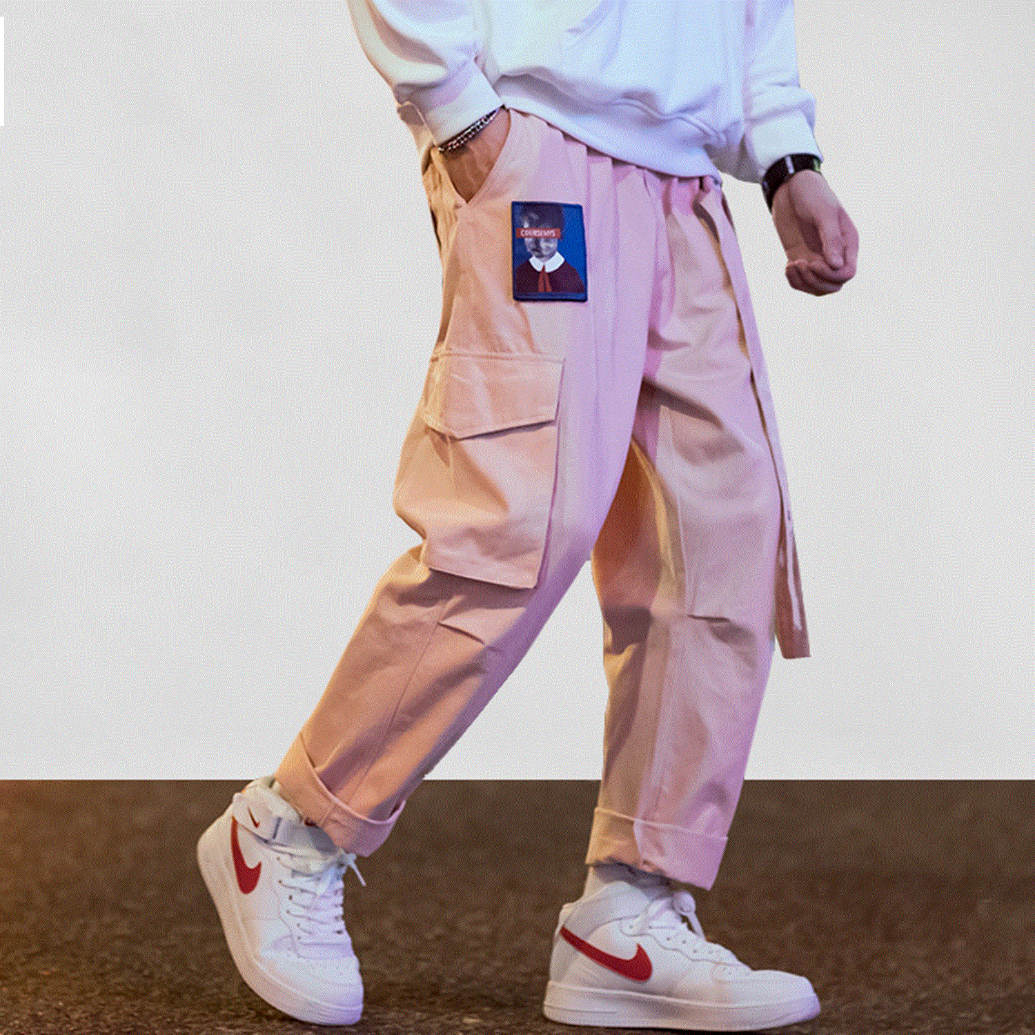 2021 High quality Aelfric Eden Streetwear Hip Hop Cargo Pants Men Women Ribbon Letter Embroidery Japanese Joggers Trousers Casual Harem Pants Pink