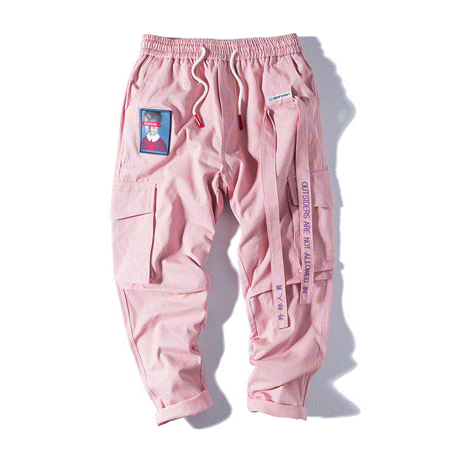 2021 High quality Aelfric Eden Streetwear Hip Hop Cargo Pants Men Women Ribbon Letter Embroidery Japanese Joggers Trousers Casual Harem Pants Pink