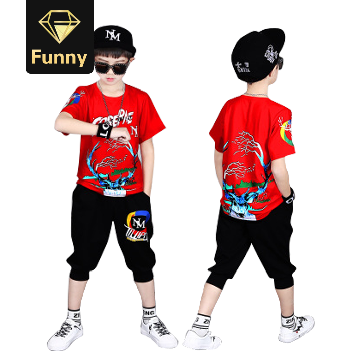 Boy Clothing Sets Short Sleeve T-shirts Cartoon Deer Pattern Shorts Pants Handsome Mid Big Boy Suits