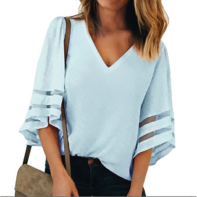 2021 High quality Women V Neck Flared Sleeves Blouse Female Shirt Casual Loose Mesh Patchwork Plus Size Tops Femme
