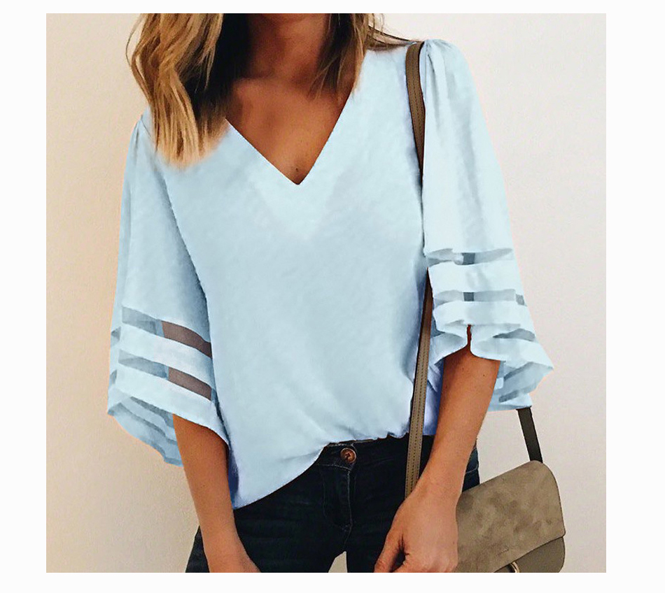 2021 High quality Women V Neck Flared Sleeves Blouse Female Shirt Casual Loose Mesh Patchwork Plus Size Tops Femme