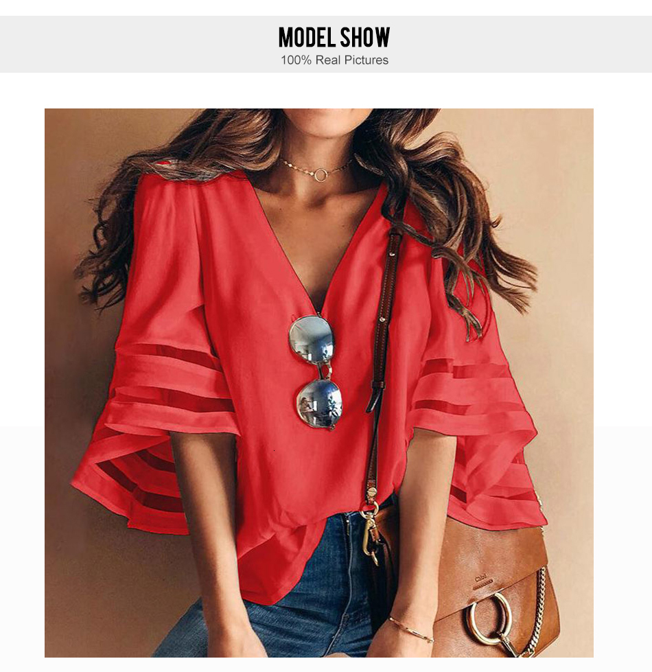 2021 High quality Women V Neck Flared Sleeves Blouse Female Shirt Casual Loose Mesh Patchwork Plus Size Tops Femme