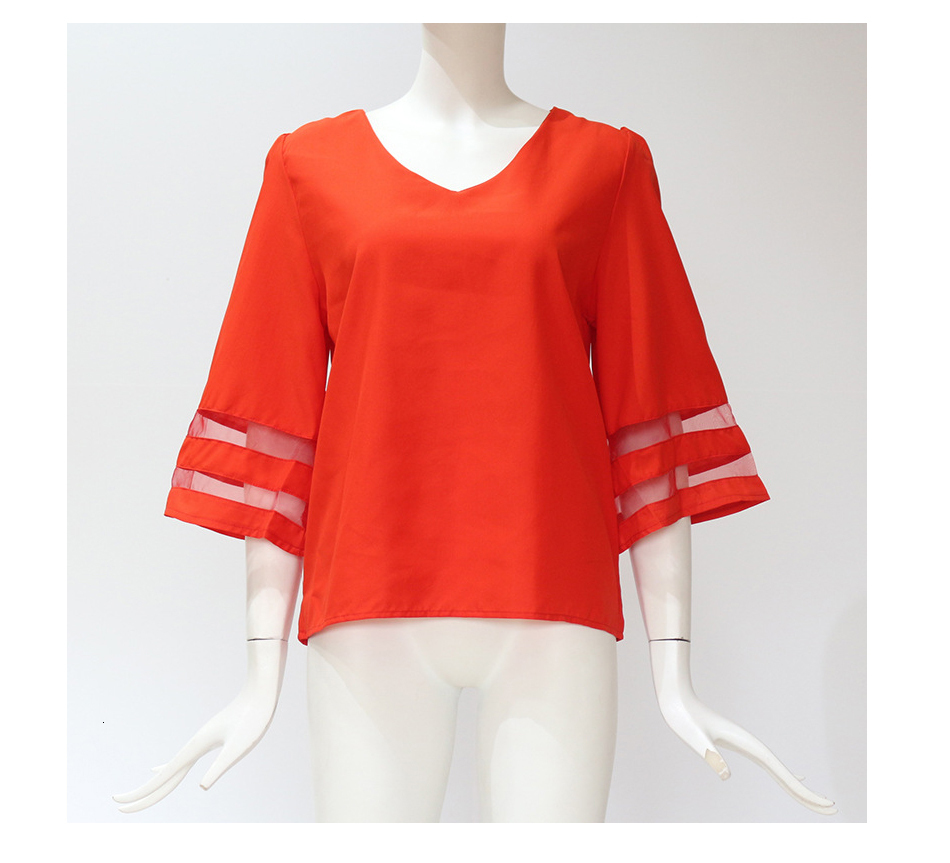 2021 High quality Women V Neck Flared Sleeves Blouse Female Shirt Casual Loose Mesh Patchwork Plus Size Tops Femme