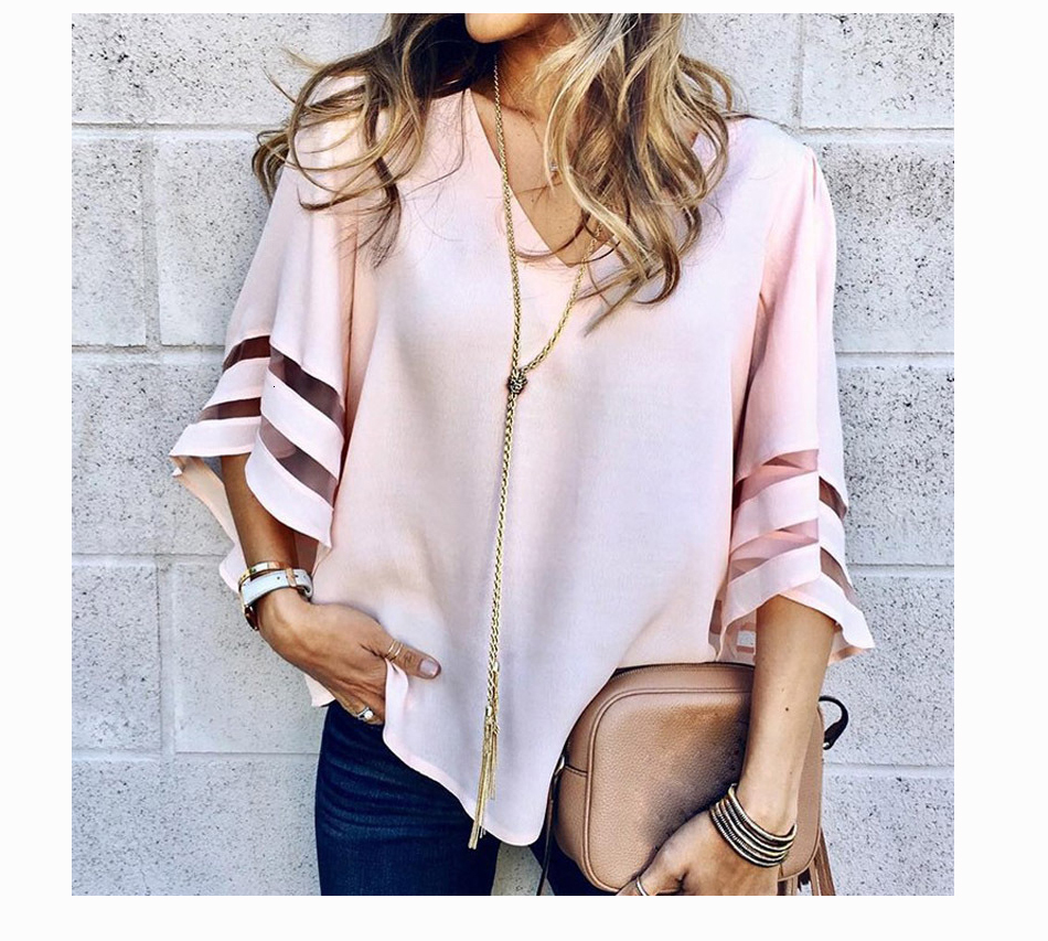 2021 High quality Women V Neck Flared Sleeves Blouse Female Shirt Casual Loose Mesh Patchwork Plus Size Tops Femme
