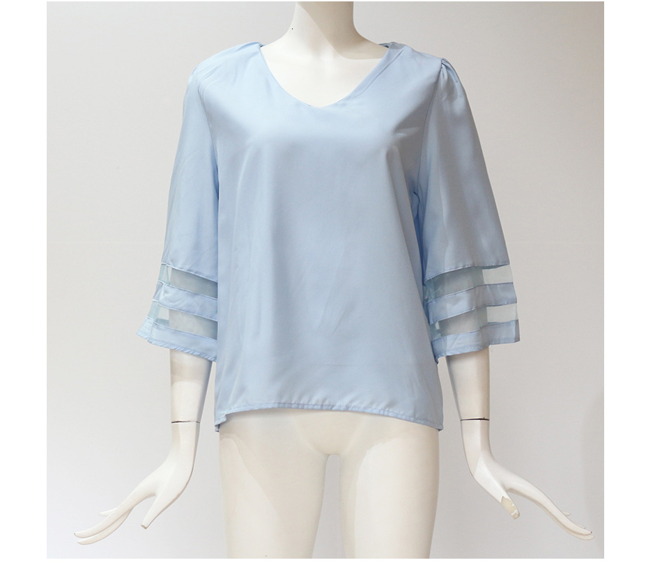 2021 High quality Women V Neck Flared Sleeves Blouse Female Shirt Casual Loose Mesh Patchwork Plus Size Tops Femme