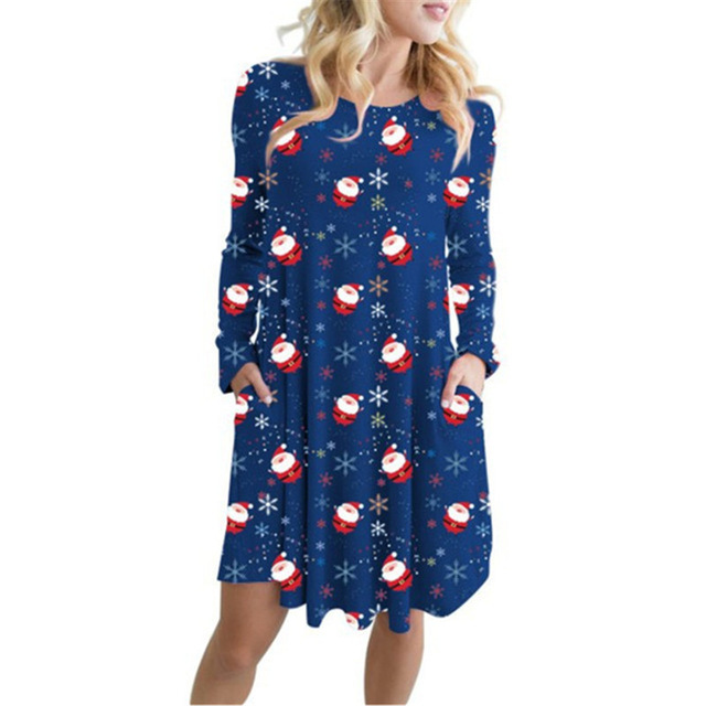 2021 High quality Plus Size Women Christmas Party Dress Fashion Cartoon Printed Casual Dress Female Long Sleeve Pocket