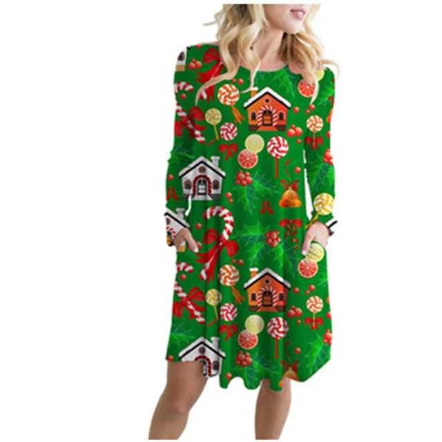 2021 High quality Plus Size Women Christmas Party Dress Fashion Cartoon Printed Casual Dress Female Long Sleeve Pocket