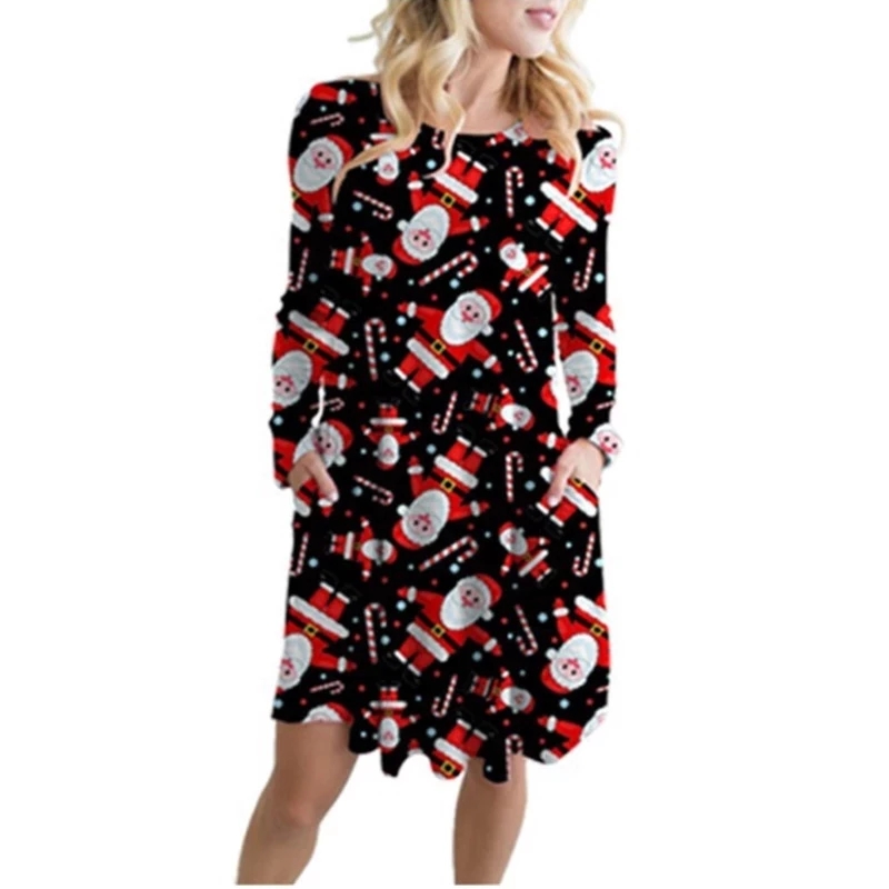 2021 High quality Plus Size Women Christmas Party Dress Fashion Cartoon Printed Casual Dress Female Long Sleeve Pocket
