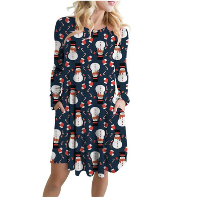 2021 High quality Plus Size Women Christmas Party Dress Fashion Cartoon Printed Casual Dress Female Long Sleeve Pocket