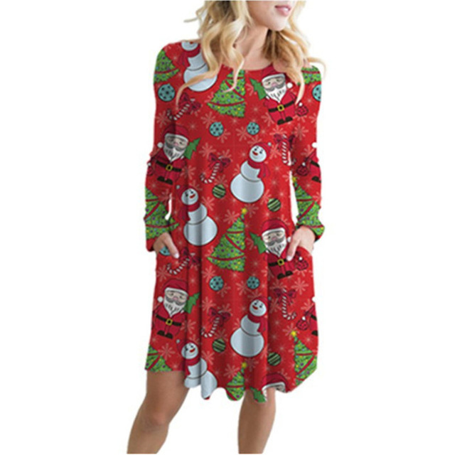 2021 High quality Plus Size Women Christmas Party Dress Fashion Cartoon Printed Casual Dress Female Long Sleeve Pocket