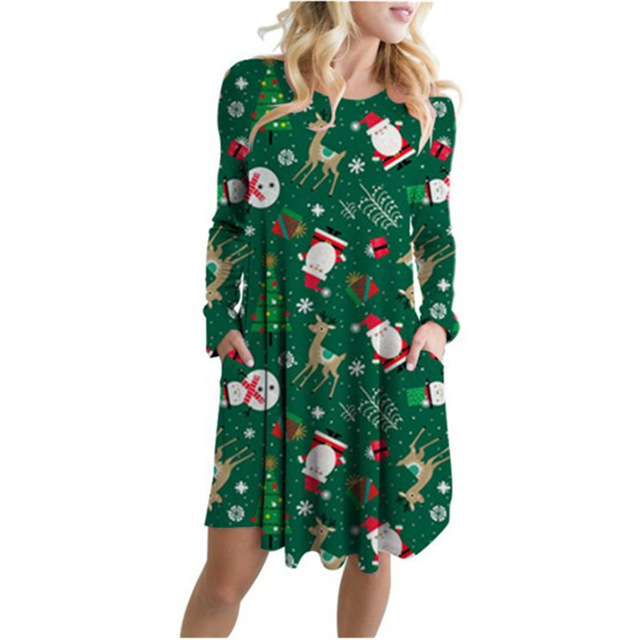 2021 High quality Plus Size Women Christmas Party Dress Fashion Cartoon Printed Casual Dress Female Long Sleeve Pocket