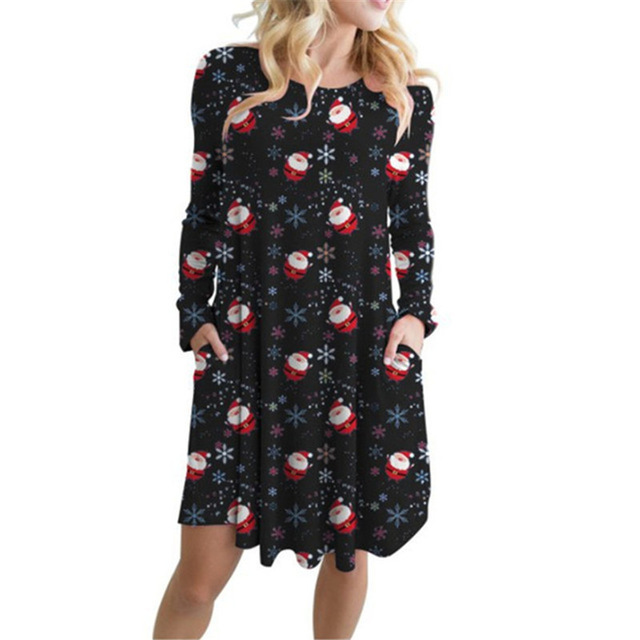 2021 High quality Plus Size Women Christmas Party Dress Fashion Cartoon Printed Casual Dress Female Long Sleeve Pocket