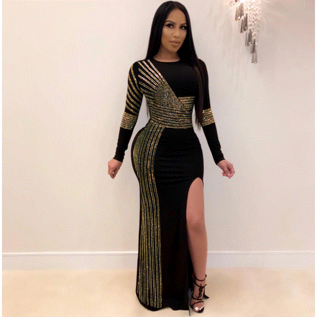 2021 High quality African Maxi Dresses For Women African Long Dress Sequins O-Neck Long Sleeves Evening Party Dress