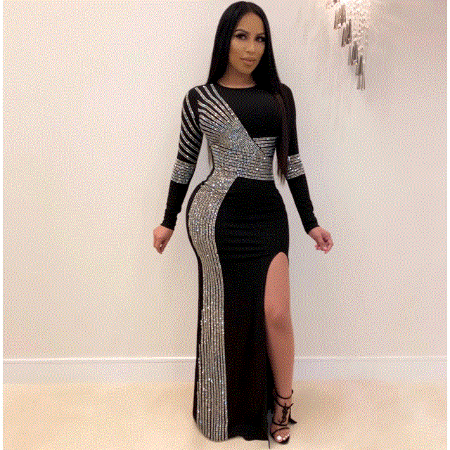 2021 High quality African Maxi Dresses For Women African Long Dress Sequins O-Neck Long Sleeves Evening Party Dress